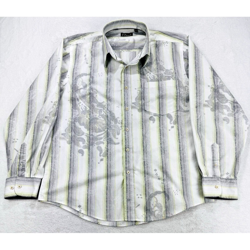 7 Diamonds Shirt Men 2XL Gray Lime Striped Floral L/S Flip Cuff